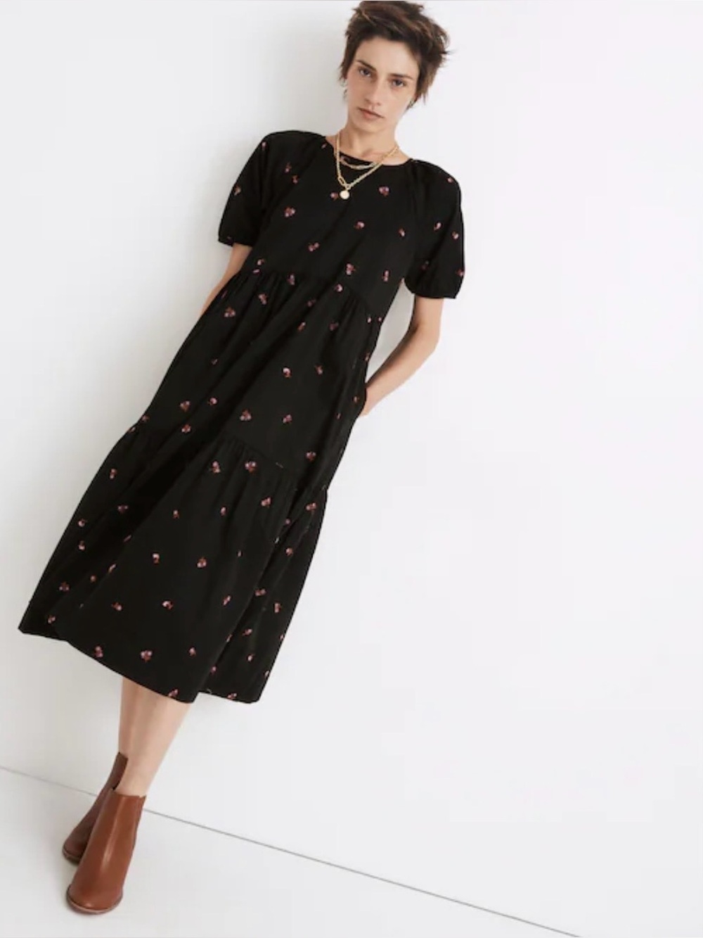 Madewell Short Sleeve Cattail Tiered Dress in Amy Floral Black Pink Size XXS